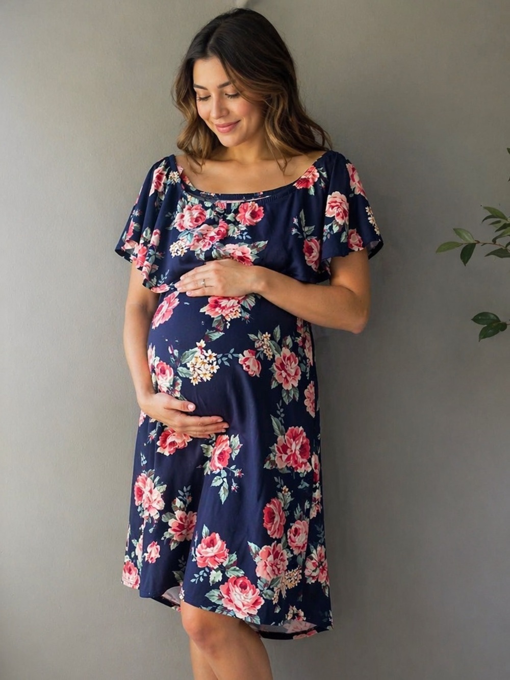 Hello Miz Maternity Floral Off Shoulder Dress Size M Navy Pink